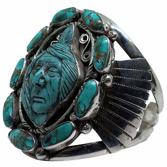 Carved Turquoise Native American Brave Silver Cuff Francisco Gomez francisco gomez, native american jewelry, native, american, hand made, modern, jewelry, custom, silver, sterling silver, shell, turquoise