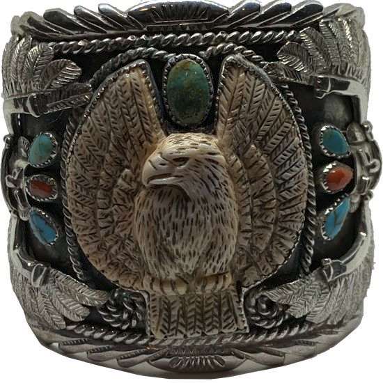 Carved Shell Eagle and Thunderbird Kachina Cuff Bracelet Francisco Gomez Jewelry 925 Silver francisco gomez, eagle, carved shell, thunderbird, turquoise, bracelet, native american jewelry, native, american, hand made, modern, jewelry, custom, silver, sterling silver, shell, turquoise