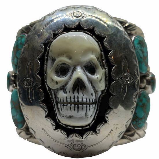 Carved White Shell Skull and Turquoise Silver Biker Jewelry Cuff Francisco Gomez francisco gomez, native american, jewelry, biker jewelry, skull, guardian skull, native, american, hand made, modern, jewelry, custom, silver, sterling silver, shell, turquoise