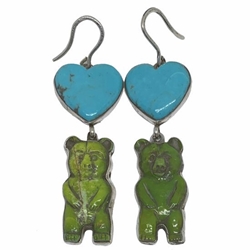 Bear and Heart Dangle Earrings Francisco Gomez dangle earrings, francisco gomez, native american jewelry, bear, heart, native, american, hand made, modern, jewelry, custom, silver, sterling silver, shell, turquoise