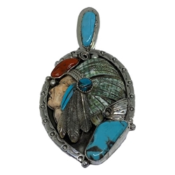 Francisco Gomez - Native American Chief Pendant francisco gomez, native american jewelry, native, american, hand made, modern, jewelry, custom, silver, sterling silver, shell, turquoise