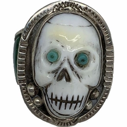 Carved Shell Skull and Stone Inlay Silver 925 Mens Biker Ring SZ 11 francisco gomez, biker jewelry, skull, carved, shell, native american jewelry, native, american, hand made, modern, jewelry, custom, silver, sterling silver, shell, turquoise